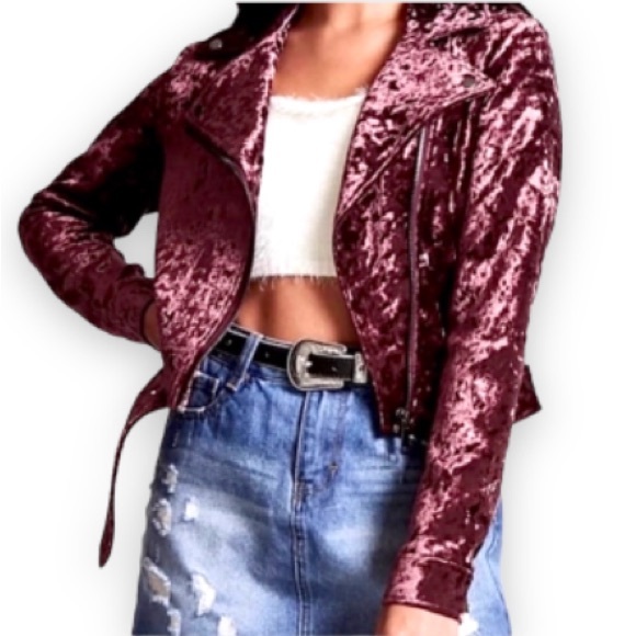 Jackets & Blazers - Crushed velvet Moto jacket wine or plum color size small beautiful